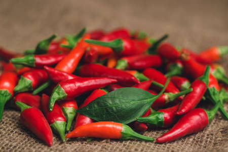 Small pile of red hot peppers and a green leaf on a coarse linen napkin, selective focus