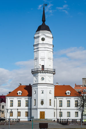 Mogilev, Belarus - March 20 2021: Beautiful old town hall in Mogilev. Renovated old building.のeditorial素材