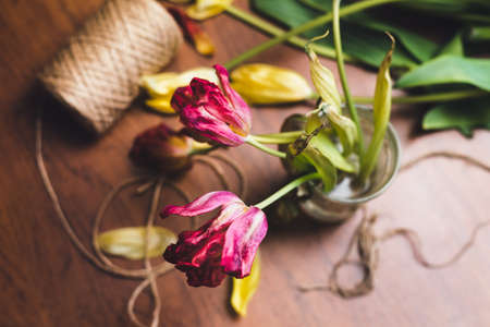 Bouquet of withered red and yellow tulips, skein of jute threads on an old wooden table, selective focusの写真素材