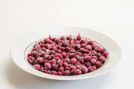 White plate with frozen red gooseberries covered with hoarfrost on white backgroundの写真素材