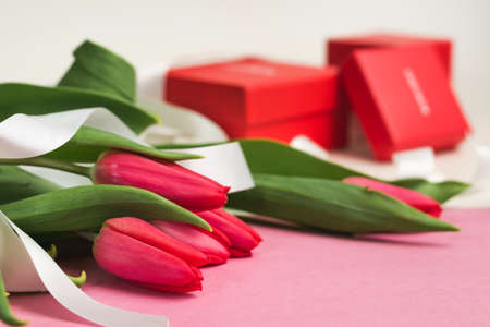 Bouquet of pink tulips with white decorative ribbon on rose lettering paper and red gift boxesの写真素材