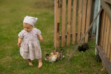 A dirty dirty child runs away from a cat with kittens. A girl in a dirty white dress and a kerchief in the village near a wooden fence.の写真素材