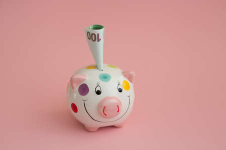 Piggy bank in the form of a pig on a pink background. A rolled-up 100-euro bill sticks out of the piggy bank. Savings for a rainy day. Bank and banking services. A piggy bank for women and children.の写真素材