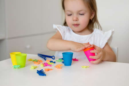 The child learns colors. A little girl sorts the animal figures by color, throwing them into the appropriate cup. Development of fine motor skills.の写真素材