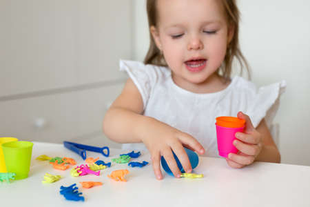 The child learns colors. A little girl sorts the animal figures by color, throwing them into the appropriate cup. Development of fine motor skills.の写真素材