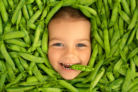 The face of a cute funny child, surrounded by green pods of fresh ripe peas. Healthy proper nutrition. The girl holds a pod of peas in her mouthの写真素材