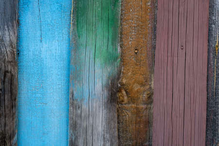 Wooden background made of old multicolored plaques. Oil color paint for wooden surfaces.の写真素材