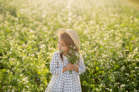 A little girl gently holds a bouquet of flowers in her hands, closing her eyes. A child in a field of flowers at sunset. Love of nature.の写真素材