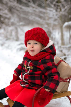 The child is very surprised. A girl in a red coat and hat sits in a sleigh with a New Year's gift. The girl has surprise on her face. Child's mouth is open from overwhelming emotionsの写真素材