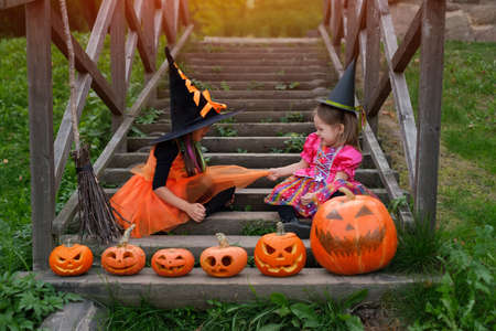 Two little playful girls in carnival costumes of witches are sitting on an old wooden staircase with carved pumpkins on the eve of Halloween. Trick-or-treating. Big black hats for childrenの写真素材