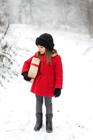A girl in a red coat is standing in the forest with a gift. A child looks at a gift wrapped with a red ribbon.の写真素材