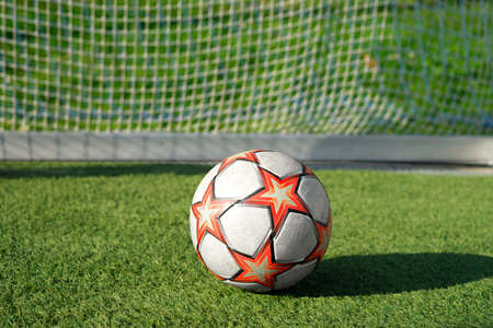 Soccer ball in the goal with a net on the football field of a sports stadium