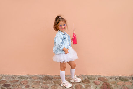 A curly-haired girl in a denim jacket, knee socks and a fluffy tutu skirt holds a soda bottle in her...