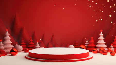 Red podium for show product display, New Year's platform with balls and geometric Christmas treesの素材
