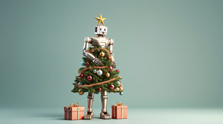 Futuristic Robot droid decorated with Christmas tree and toys and New Year giftsの素材