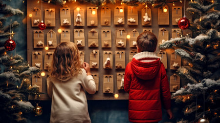 Christmas Advent calendar hanging in a public place is opened by curious children, rear viewの素材