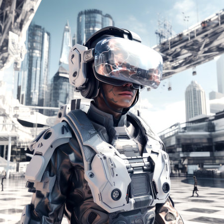 A woman cyborg warrior of the future in virtual reality glasses in protective armor and helmet, against the background of the city.の素材