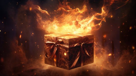Gift box in the flame of fire and sparks. The concept of hot New Year discounts and salesの素材