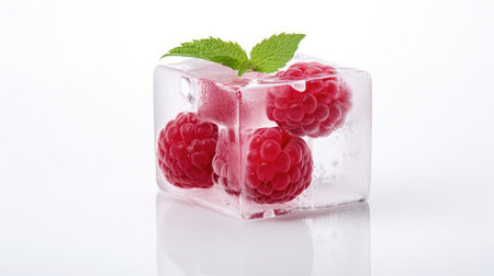 Fresh ripe raspberry berry in a frozen ice cube for cooling cocktails and summer drinksの素材