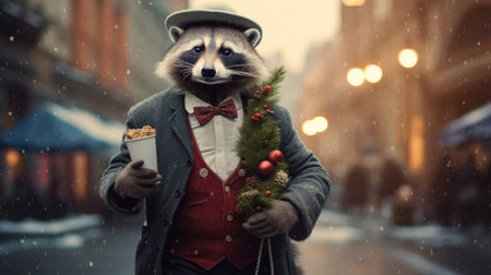 A cute raccoon in a suit and vest with a bow tie walks down the street with a small Christmas tree in his hands and bird food in a cupの素材