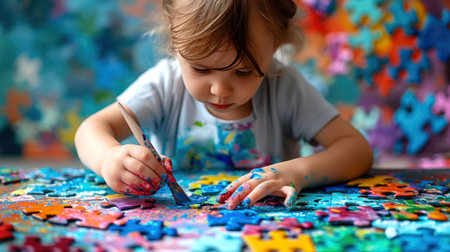 A cute little girl paints puzzles with colors. Therapy of autism syndrome with the help of drawingの素材