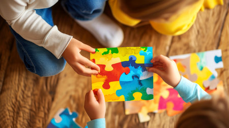 The boy gives a postcard to a friend with autism as a sign of support. A close-up of a painted card depicting colorful bright puzzles in the hands of a child.の素材