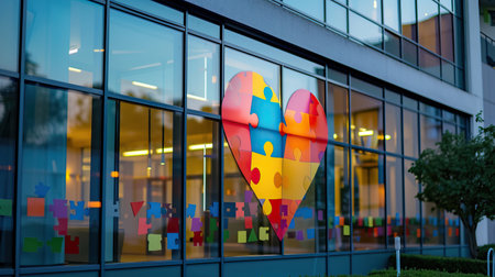 A specialized clinic for people with autism syndrome, decorated on the outside with multicolored puzzles and hearts.の素材
