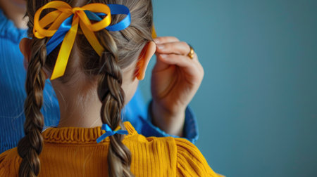 The mother adjusts the hairstyle of a girl with blue and yellow ribbons in pigtails. World Down Syndrome Dayの素材