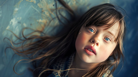 Portrait of a girl with down syndrome with clear blue eyes. World Down Syndrome Awareness Dayの素材