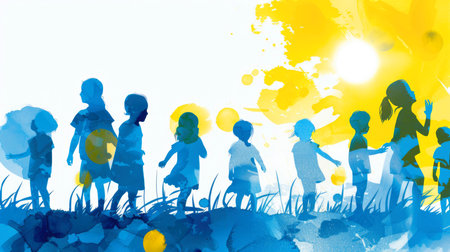 A blue and yellow illustration on the concept of harmony, unity and support for people with down syndrome. Silhouettes of happy children in a clearing on a sunny dayの素材