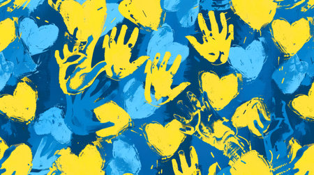 Background with palm prints and hearts in blue and yellow. World Down Syndrome Dayの素材