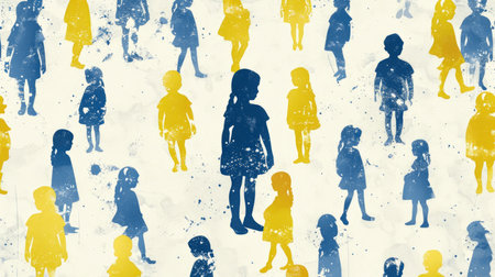 The silhouette of a girl, highlighted among other children in blue and yellow colors, is a concept on the theme of supporting people with down syndromeの素材