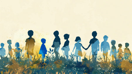 A conceptual illustration depicting the silhouette of a Lonely boy with down syndrome, highlighted in blue, among other childrenの素材