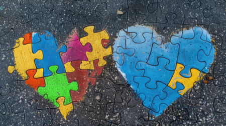 Two symbols - autism and down syndrome drawn in chalk on an asphalt pathの素材