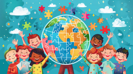 Children all over the planet greet with a hand gesture, standing at the globe of puzzles. An illustration on the topic of awareness about autismの素材