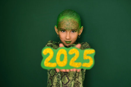 Unfocused numbers 2025 in the hands of a teenage girl with makeup simulating the skin of a snake. The symbol of the new Yearの写真素材