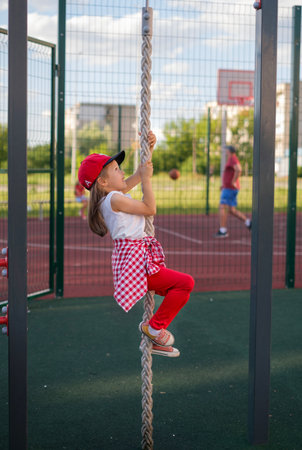 A little girl pulls herself up on a tightrope at the backyard playground