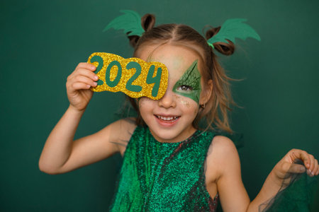 A girl dressed as a dragon with a painted face closes her eye with the number 2024. The symbol of...
