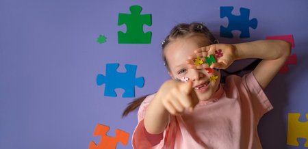 A girl with a lot of pieces of colorful puzzles in hand points finger forward. Banner on education and awareness about autismの写真素材