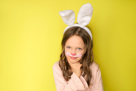 A sweet, thoughtful little girl in the guise of an Easter bunny on a bright yellow studio background.の写真素材