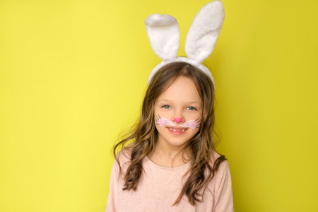 A sweet charming beautiful girl with curly hair, ears on head and a painted face in the guise of an Easter bunnyの写真素材