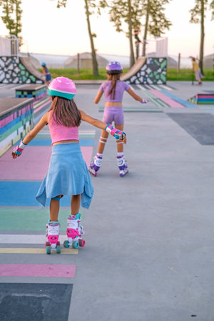 Children rollerblading in the city roller park. Rear viewの写真素材