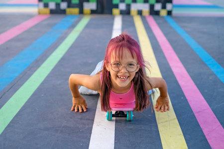 Funny laughing preschool girl skateboarding on the playground of the skate parkの写真素材