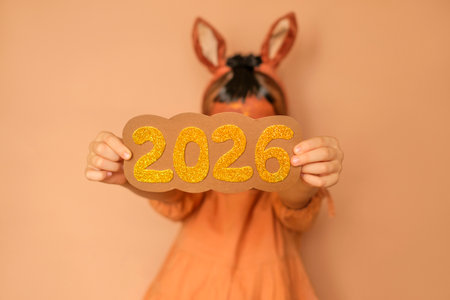 The golden numbers 2026 in the hands of a child in a horse costume are a symbol of the new year