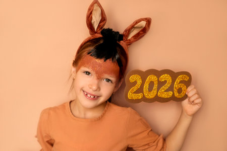 A cute sweet child in a horse costume with a painted face, with ear-shaped headbands, shows big...
