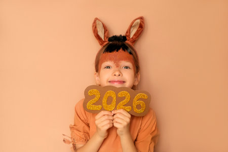 A funny girl dressed up in a fire horse costume holds the golden numbers 2026 in hands. The symbol of the new year according to the Eastern calendarの写真素材