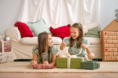 Children open Christmas presents early in the morning in the living room on the floor, untying the bow decorating the boxの写真素材