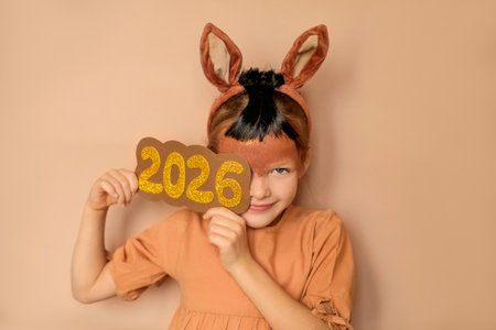 The girl squints at the camera holding the numbers 2026 in her hands. The new year is approaching....