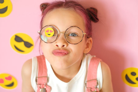 A person wearing glasses with a smiley face pasted on the lens. World Smiley and Emoji Day. The use...