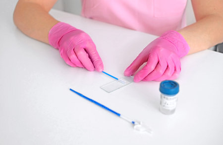 Laboratory technician in pink gloves preparing medical sample on glass slide for diagnostic testing....